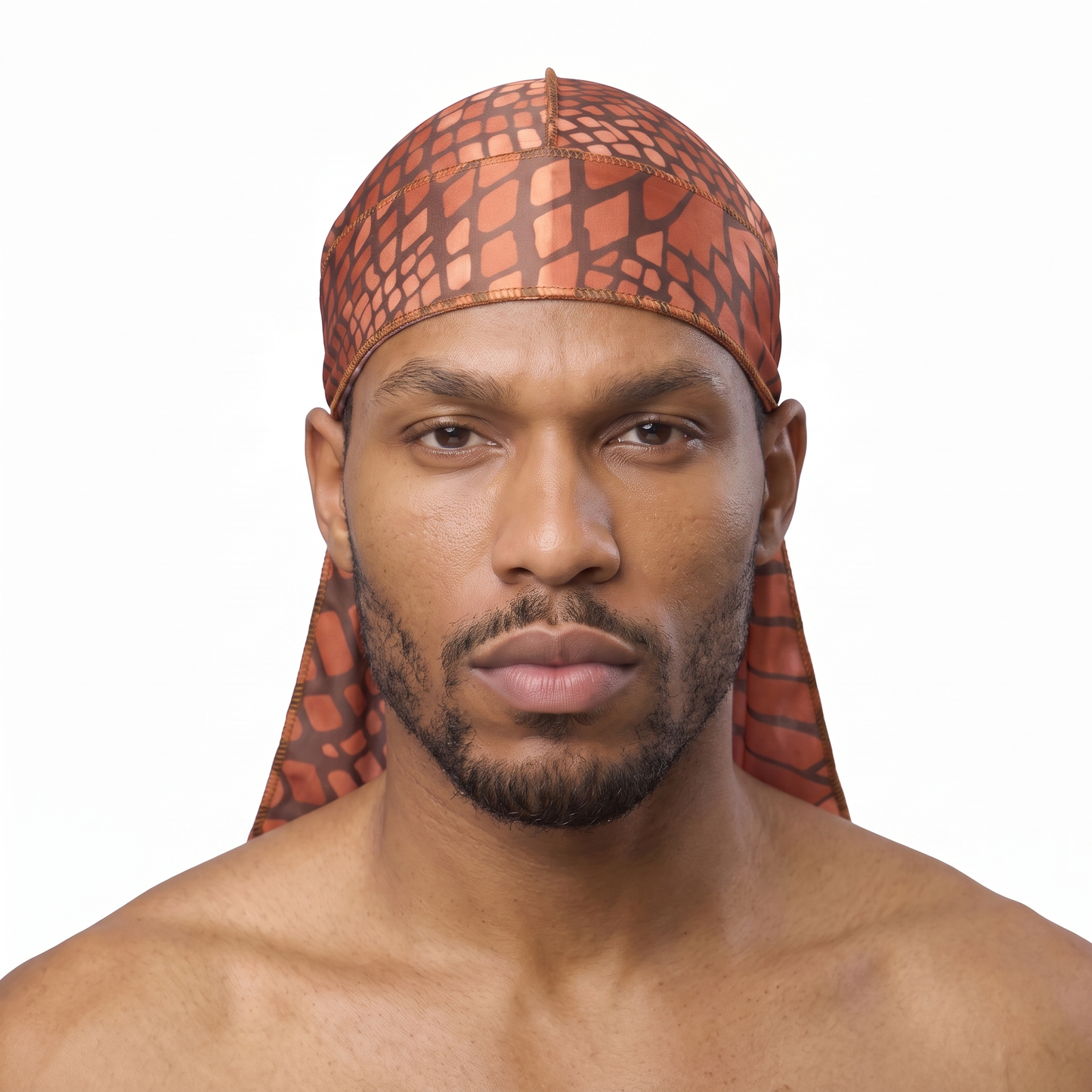 Clay reptile snakeskin Satin Silky Durag worn by male model, front view on white background