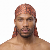 Clay reptile snakeskin Satin Silky Durag worn by male model, front view on white background