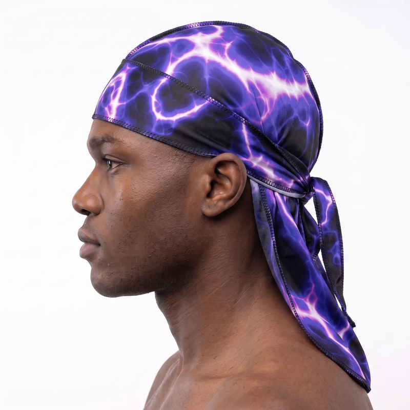 Voltage Purple lightning Satin Silky Durag worn by male model, side profile showing fit and tail drape