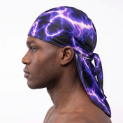 Voltage Purple lightning Satin Silky Durag worn by male model, side profile showing fit and tail drape