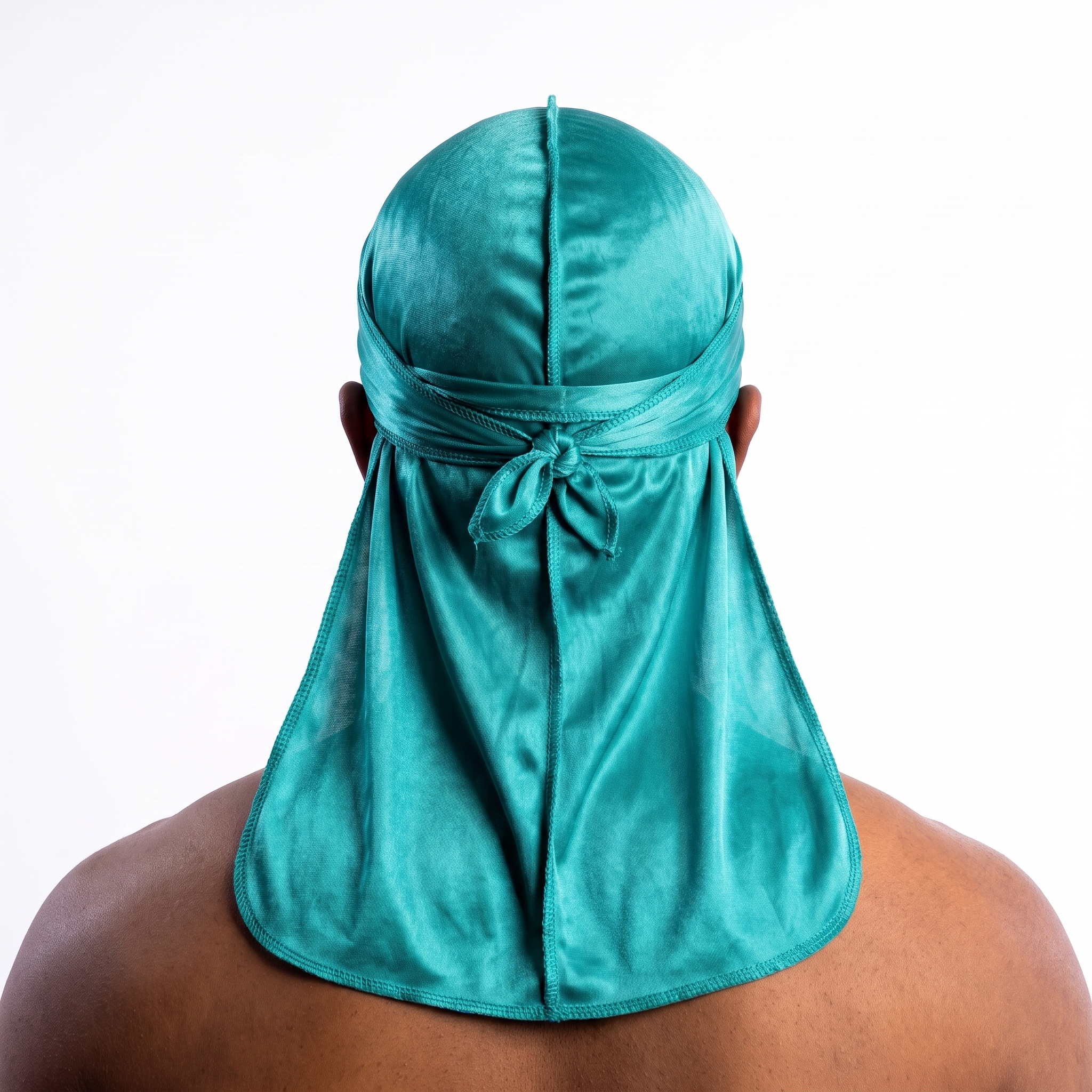 Premium Jade Green Silk Durag worn by male model, back view showing tied wrap and tail