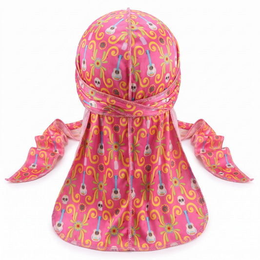 Cinco De Mayo Pink festive Satin Silky Durag - premium silky durag back view showing wrap straps, tail and stitching