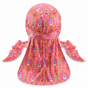 Cinco De Mayo Pink festive Satin Silky Durag - premium silky durag back view showing wrap straps, tail and stitching