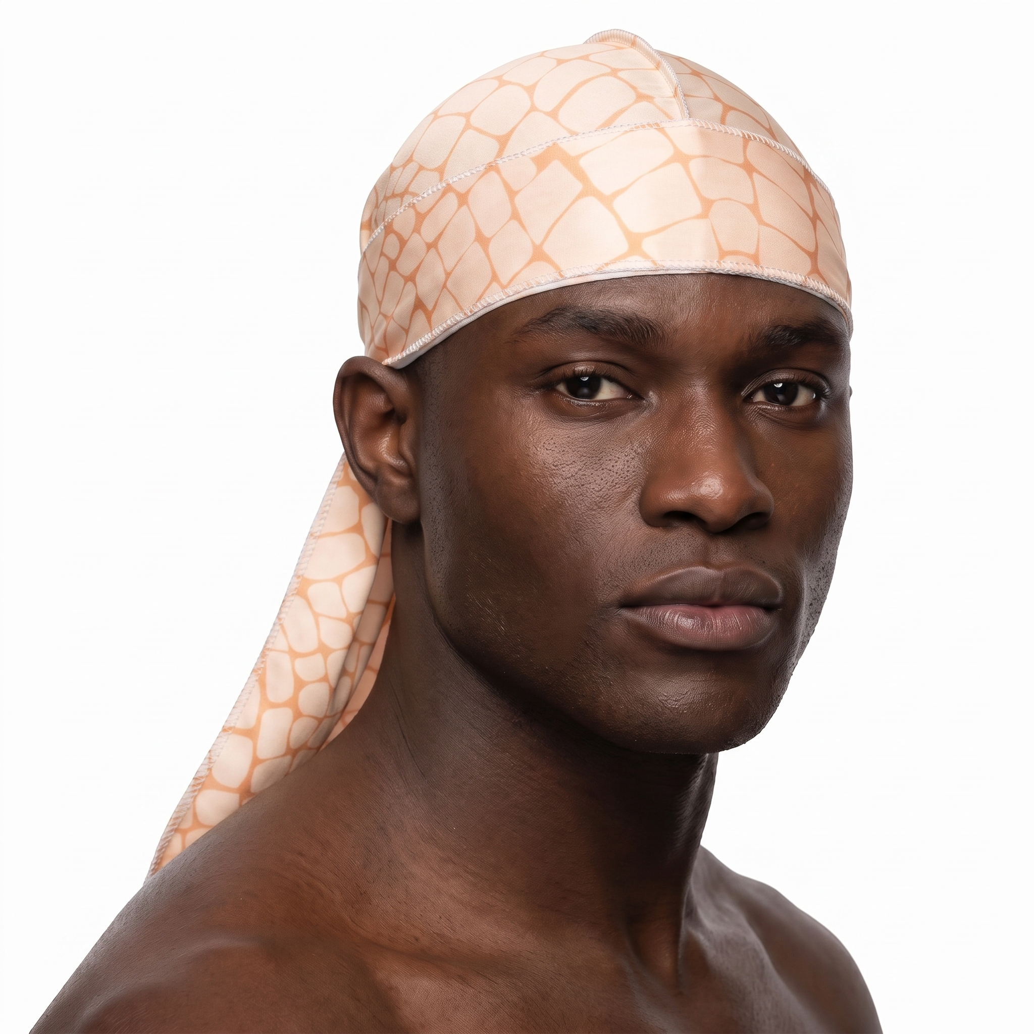 Peach crocodile skin Satin Silky Durag worn by male model, front view on white background