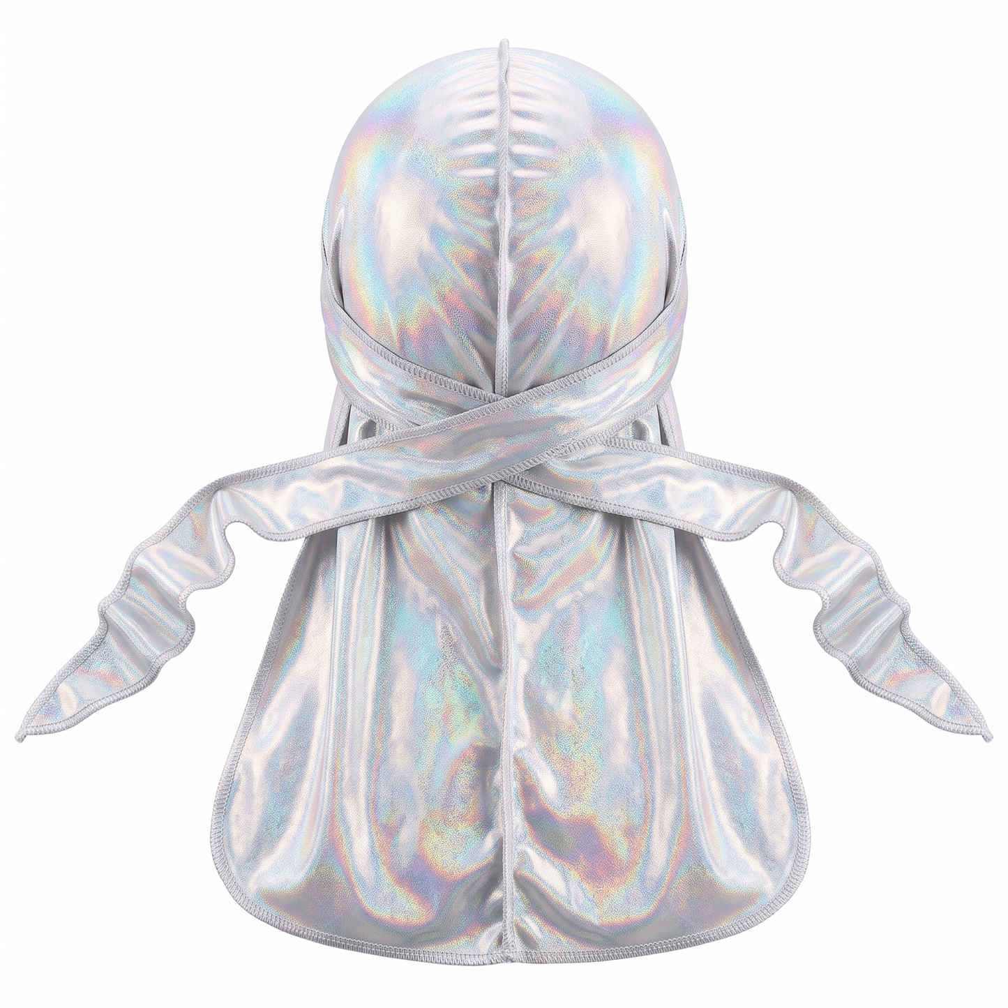 Premium White Hologram Sparkle Durag - premium durag back view showing wrap straps, tail and stitching