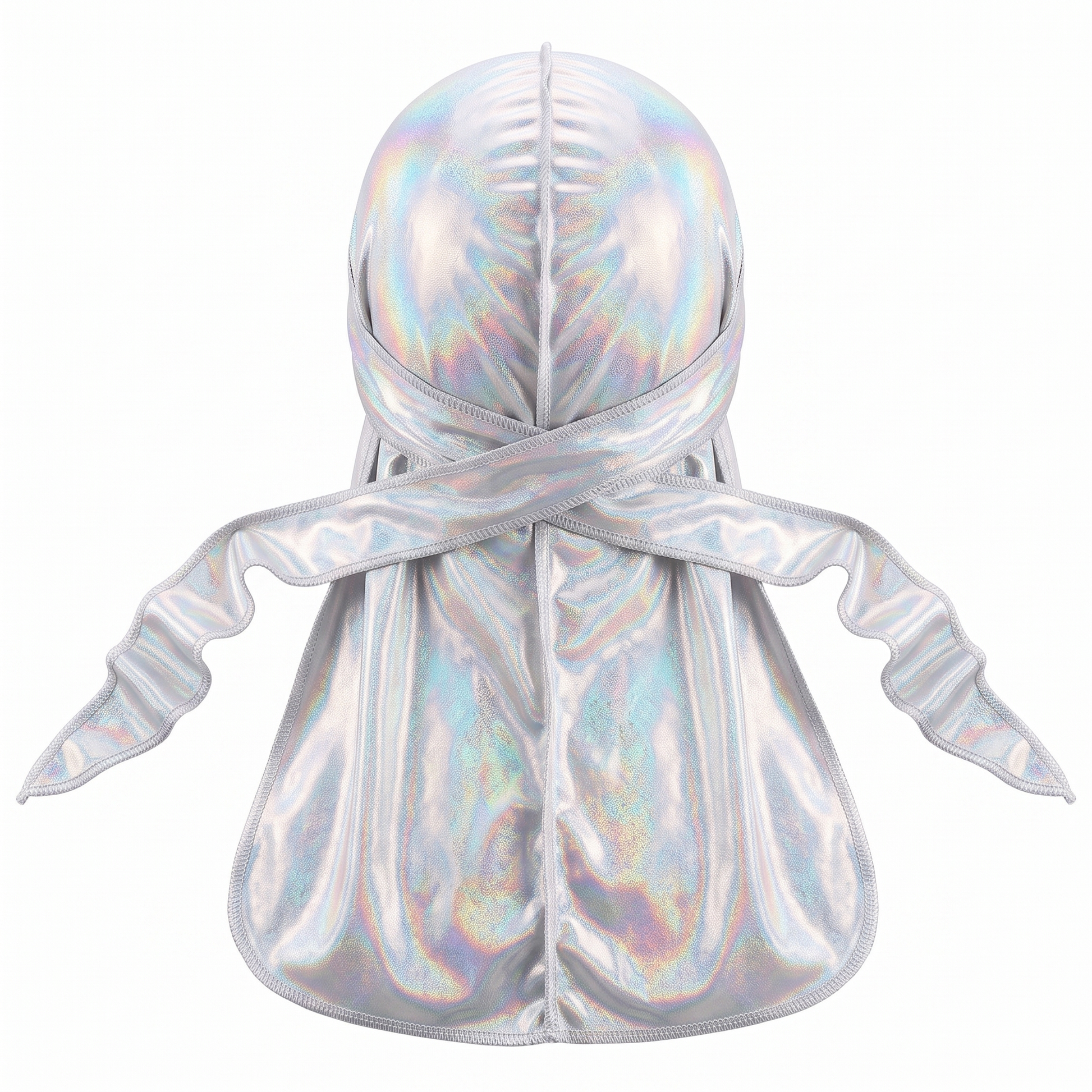 Premium White Hologram Sparkle Durag - premium durag back view showing wrap straps, tail and stitching