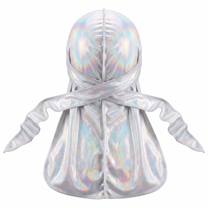 Premium White Hologram Sparkle Durag - premium durag back view showing wrap straps, tail and stitching