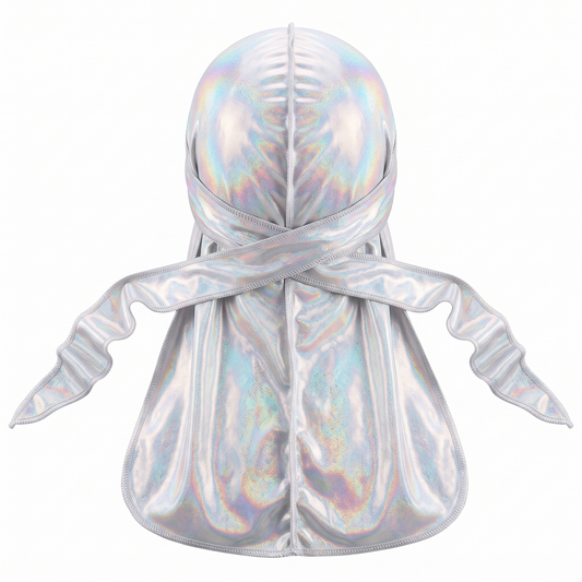 Premium White Hologram Sparkle Durag - premium durag back view showing wrap straps, tail and stitching