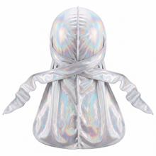 Premium White Hologram Sparkle Durag - premium durag back view showing wrap straps, tail and stitching