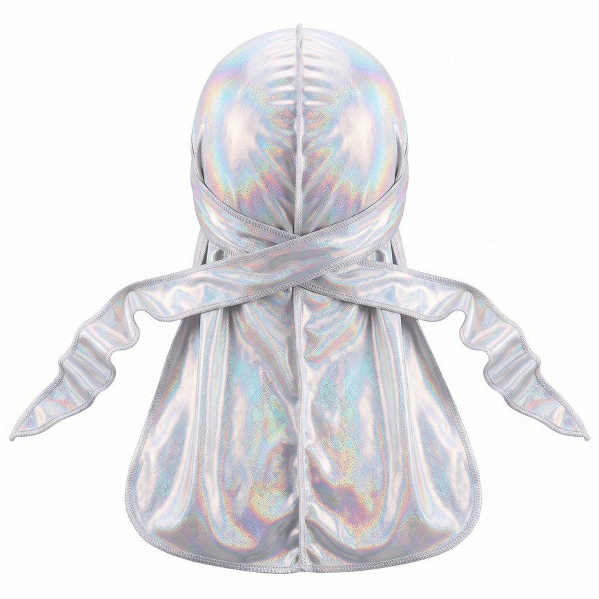 Premium White Hologram Sparkle Durag - premium durag back view showing wrap straps, tail and stitching