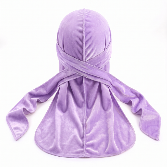 Premium Lavender Purple Velvet Durag - premium velvet durag back view showing wrap straps, tail and stitching