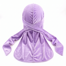 Premium Lavender Purple Velvet Durag - premium velvet durag back view showing wrap straps, tail and stitching