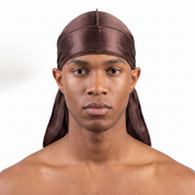 Premium Silk Durag Coffee Brown worn by male model, front view on white background