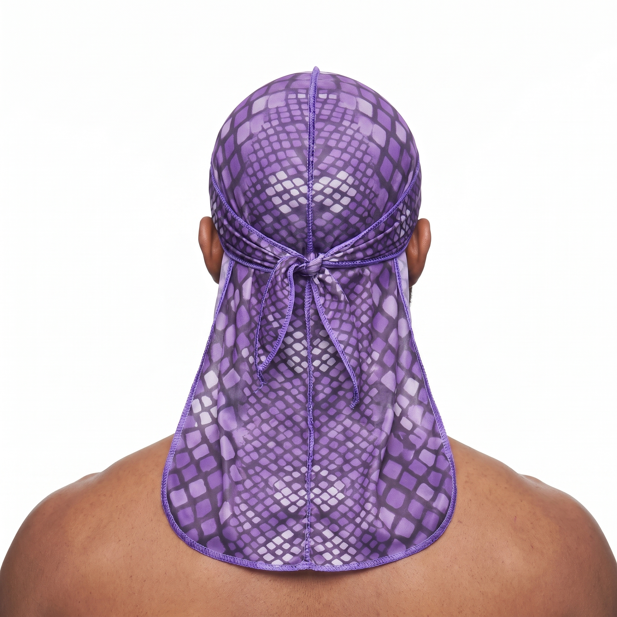 Purple reptile snakeskin Satin Silky Durag worn by male model, back view showing tied wrap and tail