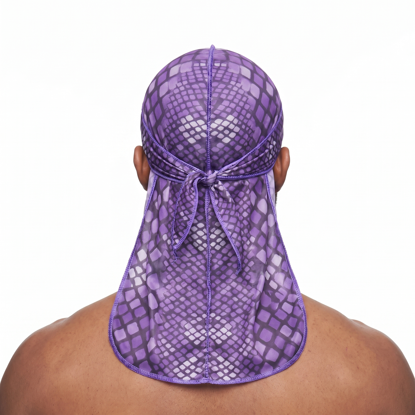 Purple reptile snakeskin Satin Silky Durag worn by male model, back view showing tied wrap and tail