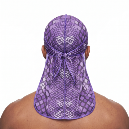 Purple reptile snakeskin Satin Silky Durag worn by male model, back view showing tied wrap and tail
