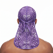 Purple reptile snakeskin Satin Silky Durag worn by male model, back view showing tied wrap and tail