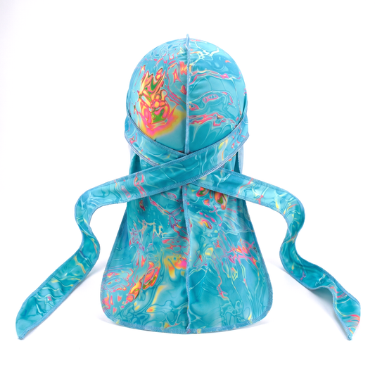 Elite Pattern Turquoise Splash Durag - premium durag back view showing wrap straps, tail and stitching