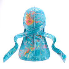 Elite Pattern Turquoise Splash Durag - premium durag back view showing wrap straps, tail and stitching