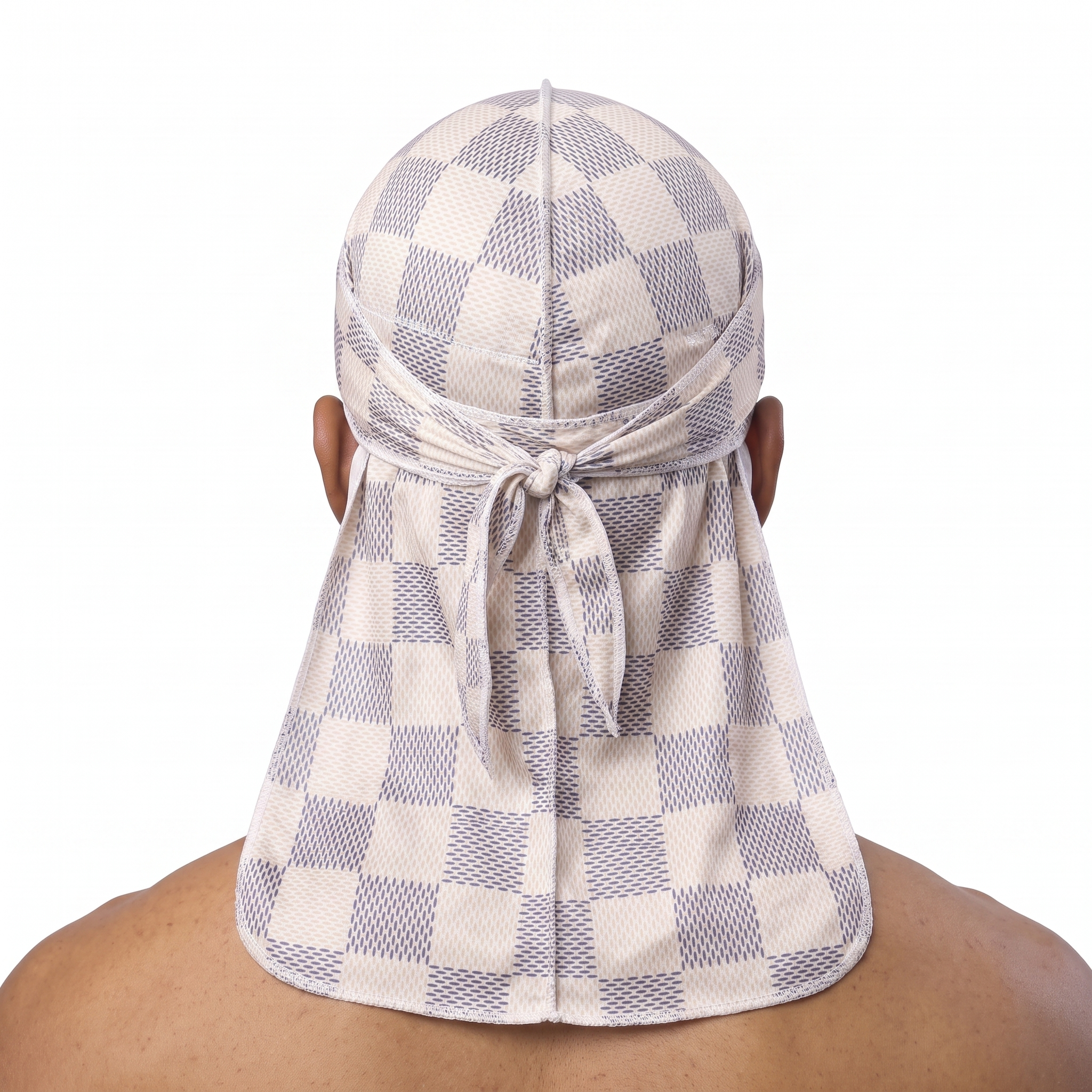 Checkered Cream Satin Silky Durag worn by male model, back view showing tied wrap and tail