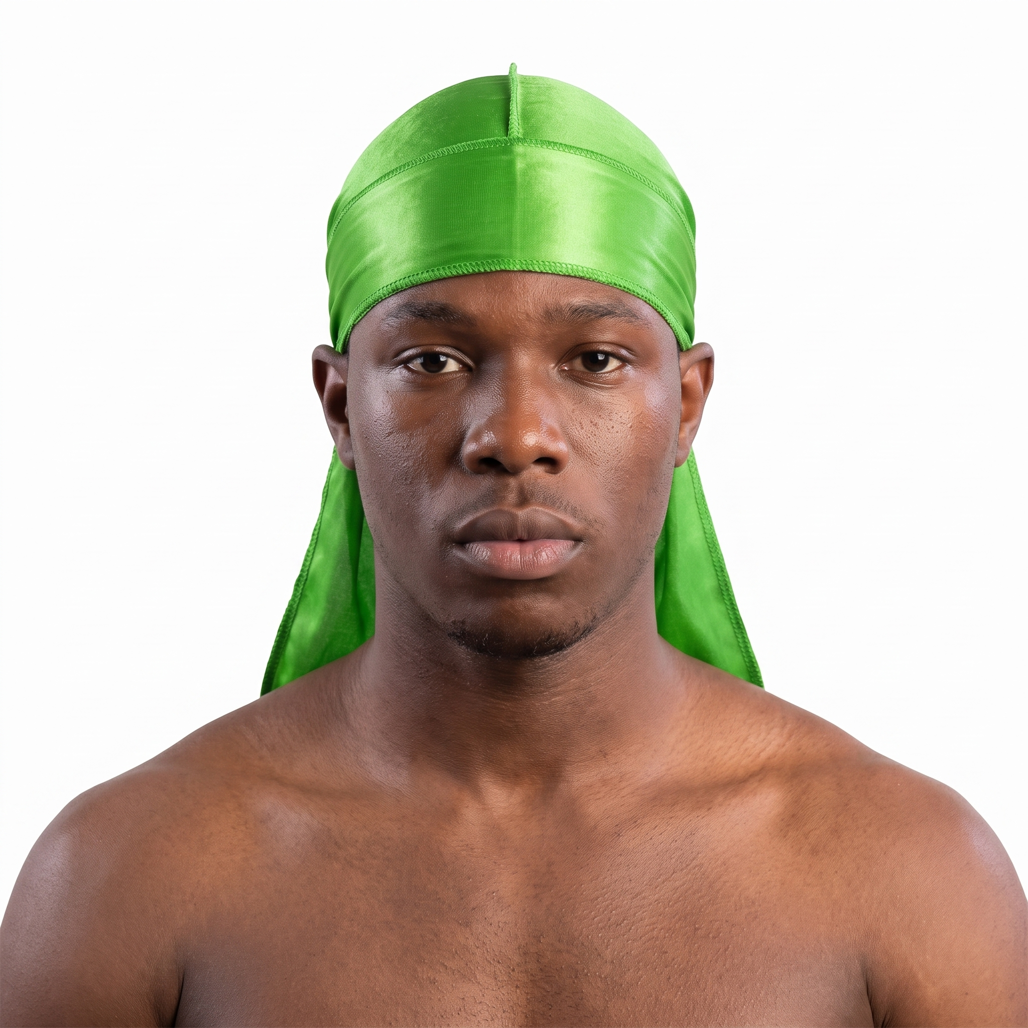 Premium Lime Green Silk Durag worn by male model, front view on white background