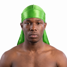Premium Lime Green Silk Durag worn by male model, front view on white background