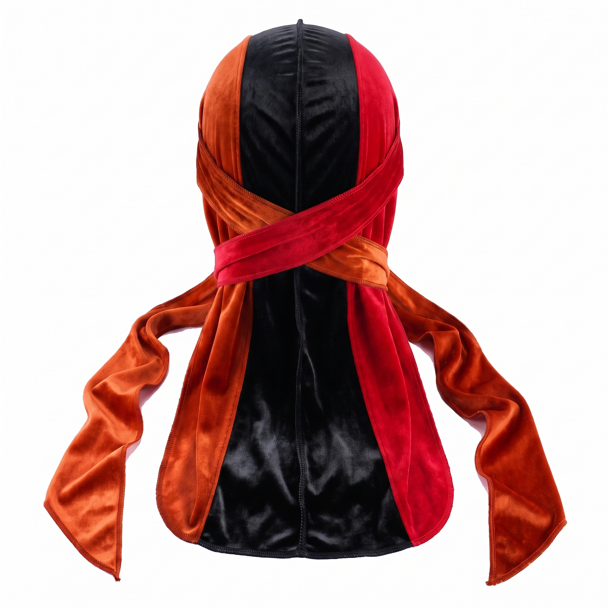 Premium Orange,Black & Red Split Velvet Durag - premium velvet durag back view showing wrap straps, tail and stitching