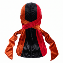 Premium Orange,Black & Red Split Velvet Durag - premium velvet durag back view showing wrap straps, tail and stitching