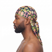 Cinco De Mayo Black 2.0 festive Satin Silky Durag worn by male model, side profile showing fit and tail drape