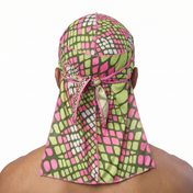 Olive and Pink reptile snakeskin Satin Silky Durag worn by male model, back view showing tied wrap and tail