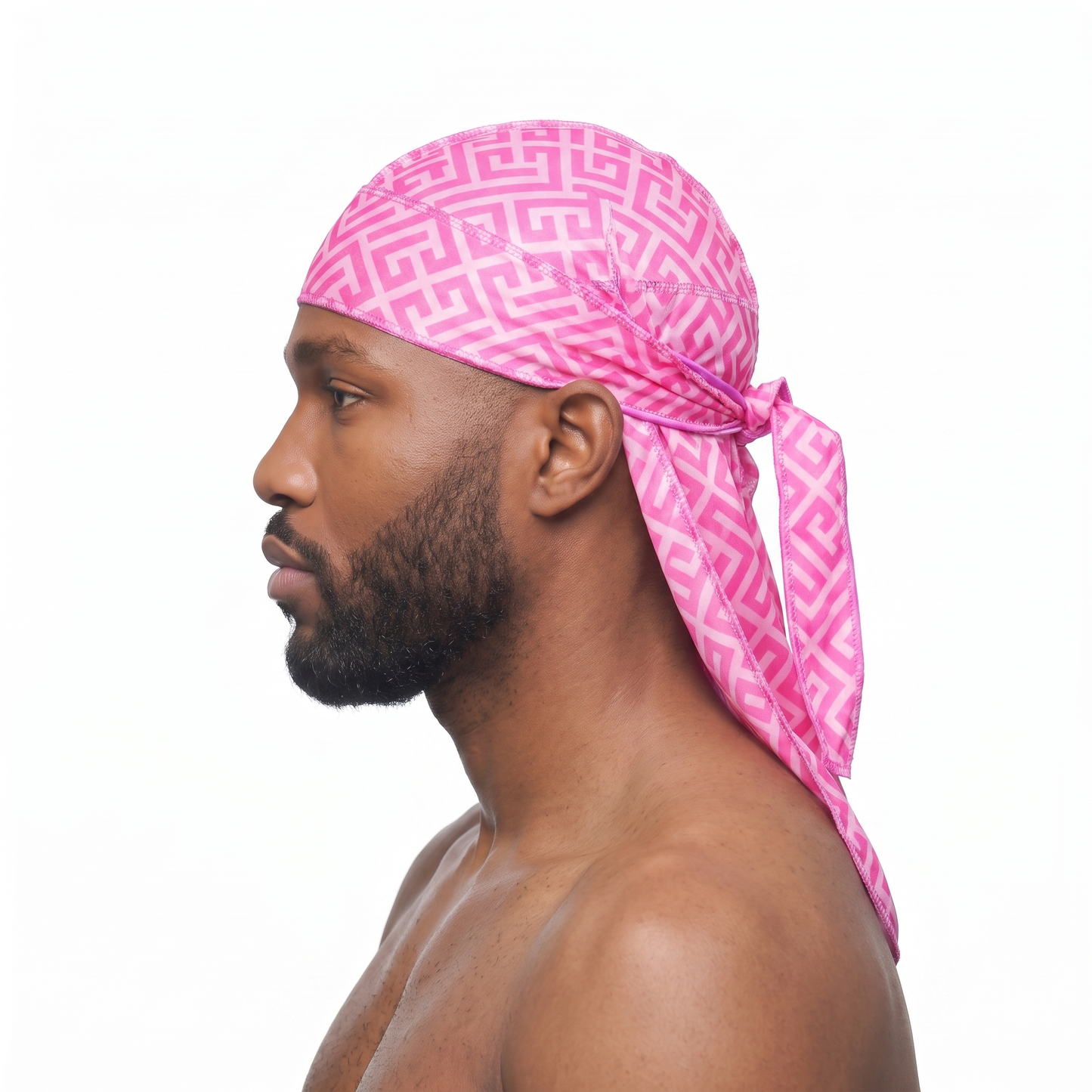 Pink Maze geometric Satin Silky Durag worn by male model, side profile showing fit and tail drape