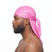 Pink Maze geometric Satin Silky Durag worn by male model, side profile showing fit and tail drape