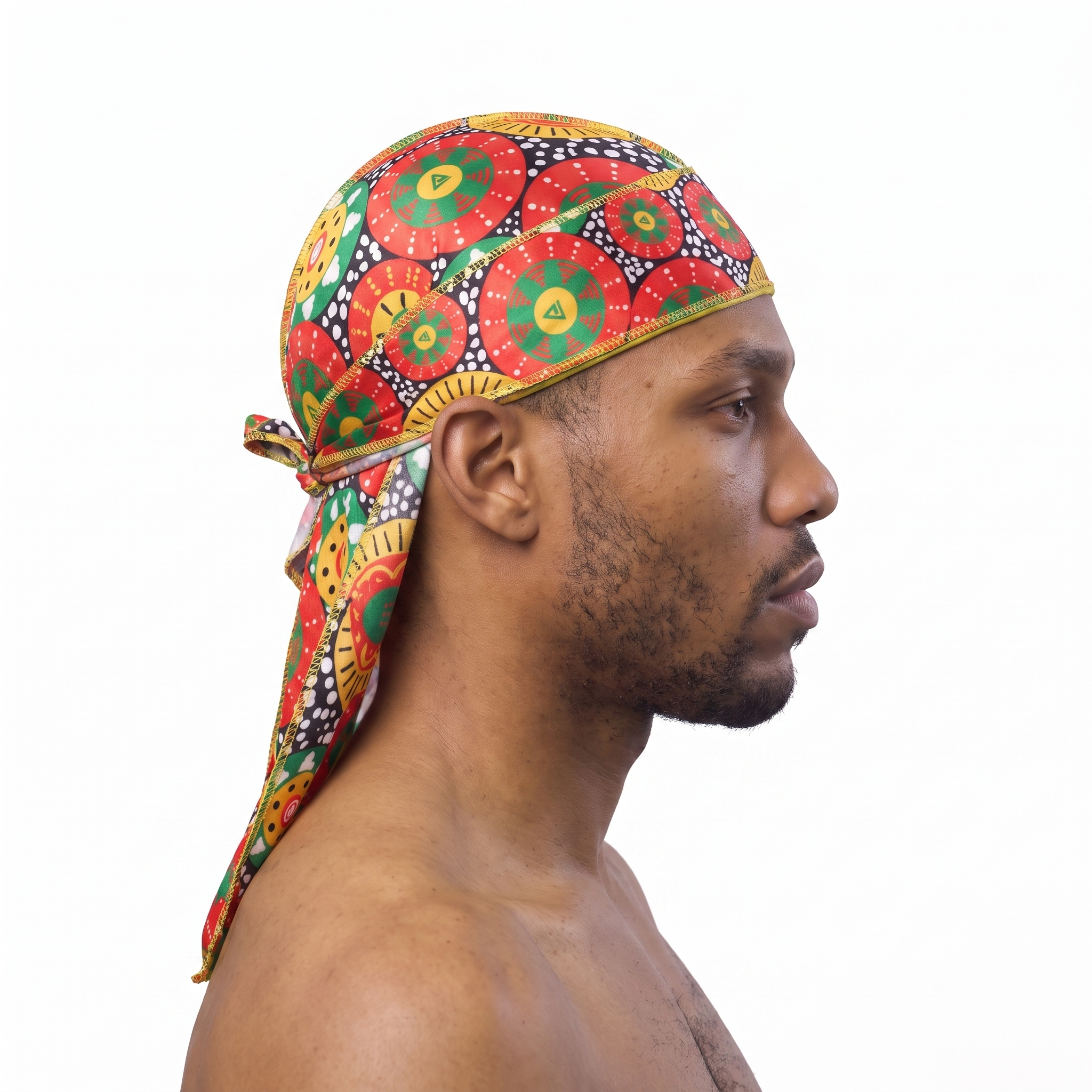 Juneteenth 4.0 red black and green Satin Silky Durag worn by male model, side profile showing fit and tail drape