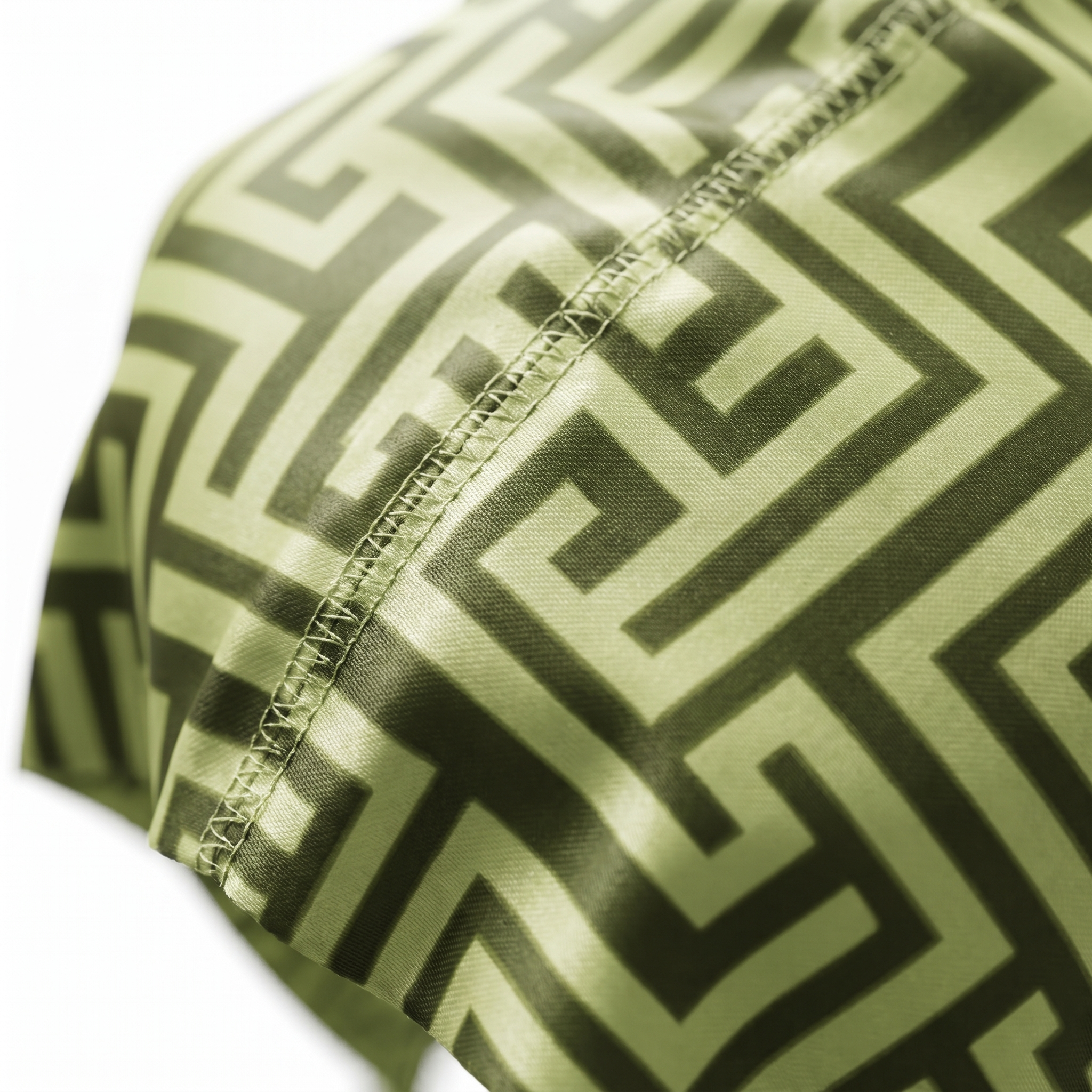 Olive Maze geometric Satin Silky Durag fabric close-up showing Olive Maze geometric print and stitching detail