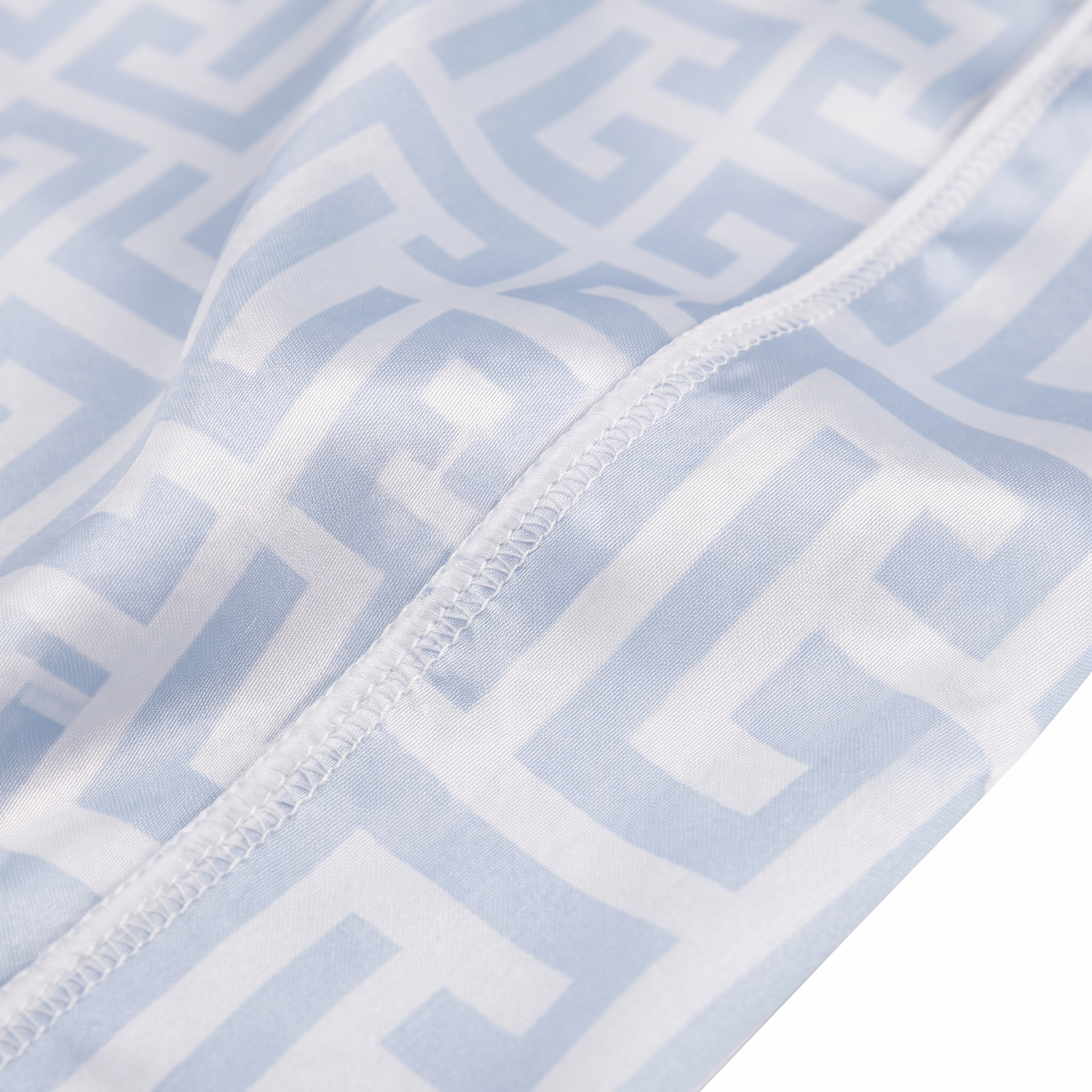 Light Blue Maze geometric Satin Silky Durag fabric close-up showing Light Blue Maze geometric print and stitching detail