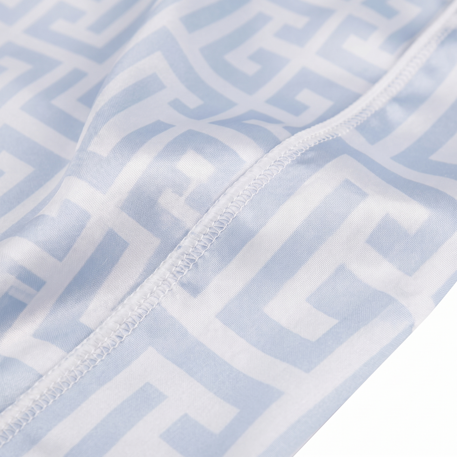 Light Blue Maze geometric Satin Silky Durag fabric close-up showing Light Blue Maze geometric print and stitching detail