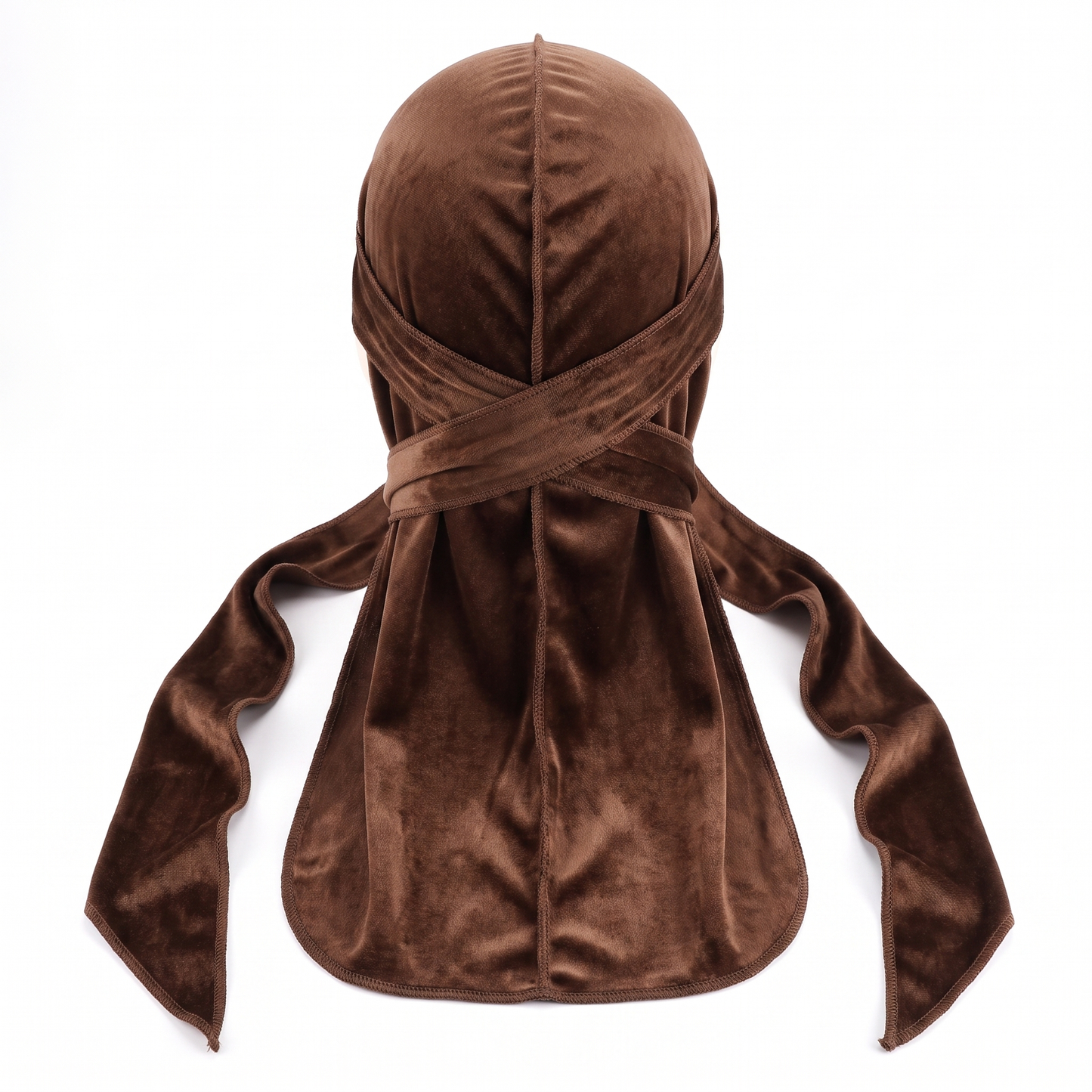 Premium Brown Coffee Velvet Durag - premium velvet durag back view showing wrap straps, tail and stitching