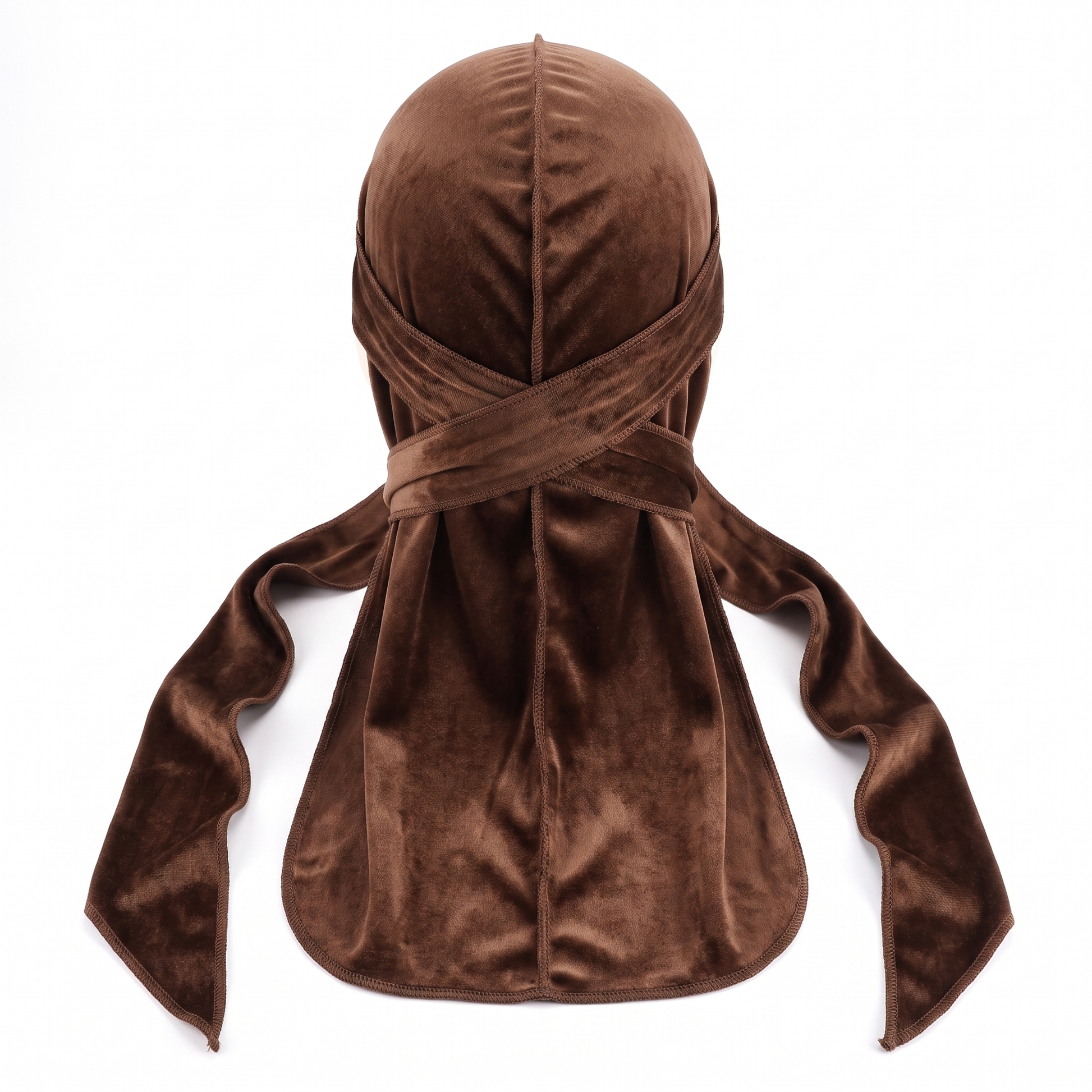 Premium Brown Coffee Velvet Durag - premium velvet durag back view showing wrap straps, tail and stitching