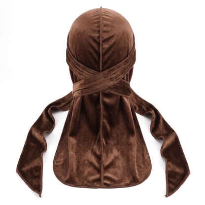 Premium Brown Coffee Velvet Durag - premium velvet durag back view showing wrap straps, tail and stitching