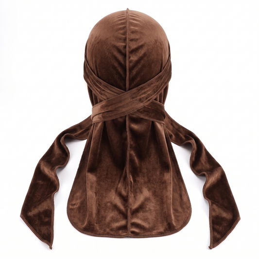 Premium Brown Coffee Velvet Durag - premium velvet durag back view showing wrap straps, tail and stitching