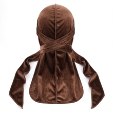Premium Brown Coffee Velvet Durag - premium velvet durag back view showing wrap straps, tail and stitching