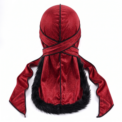 Red & Black Fur Durag with black fur trim ghost mannequin back view - JagRags