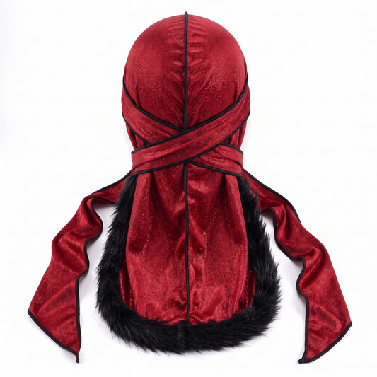Red & Black Fur Durag with black fur trim ghost mannequin back view - JagRags
