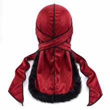 Red & Black Fur Durag with black fur trim ghost mannequin back view - JagRags