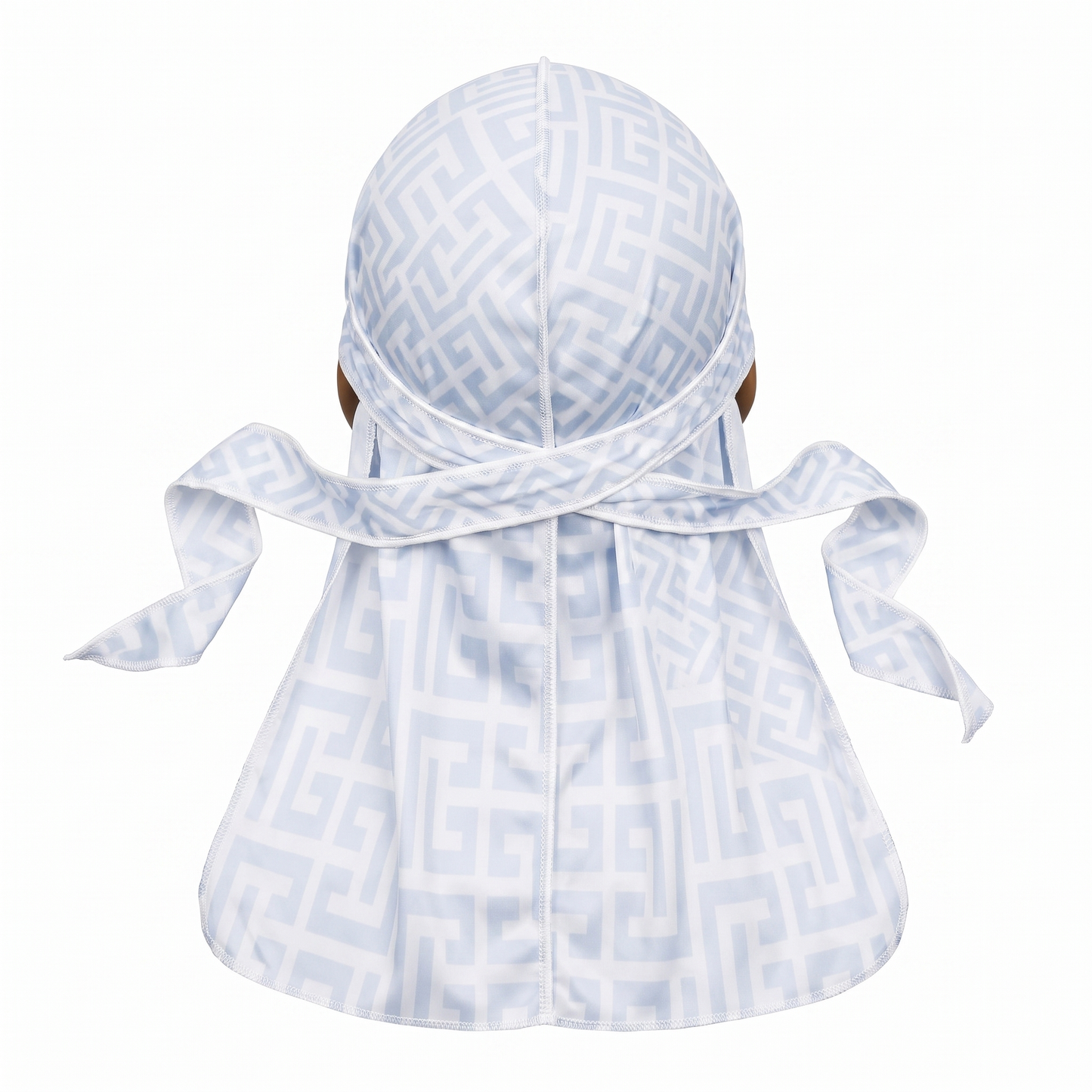 Light Blue Maze geometric Satin Silky Durag - premium silky durag back view showing wrap straps, tail and stitching