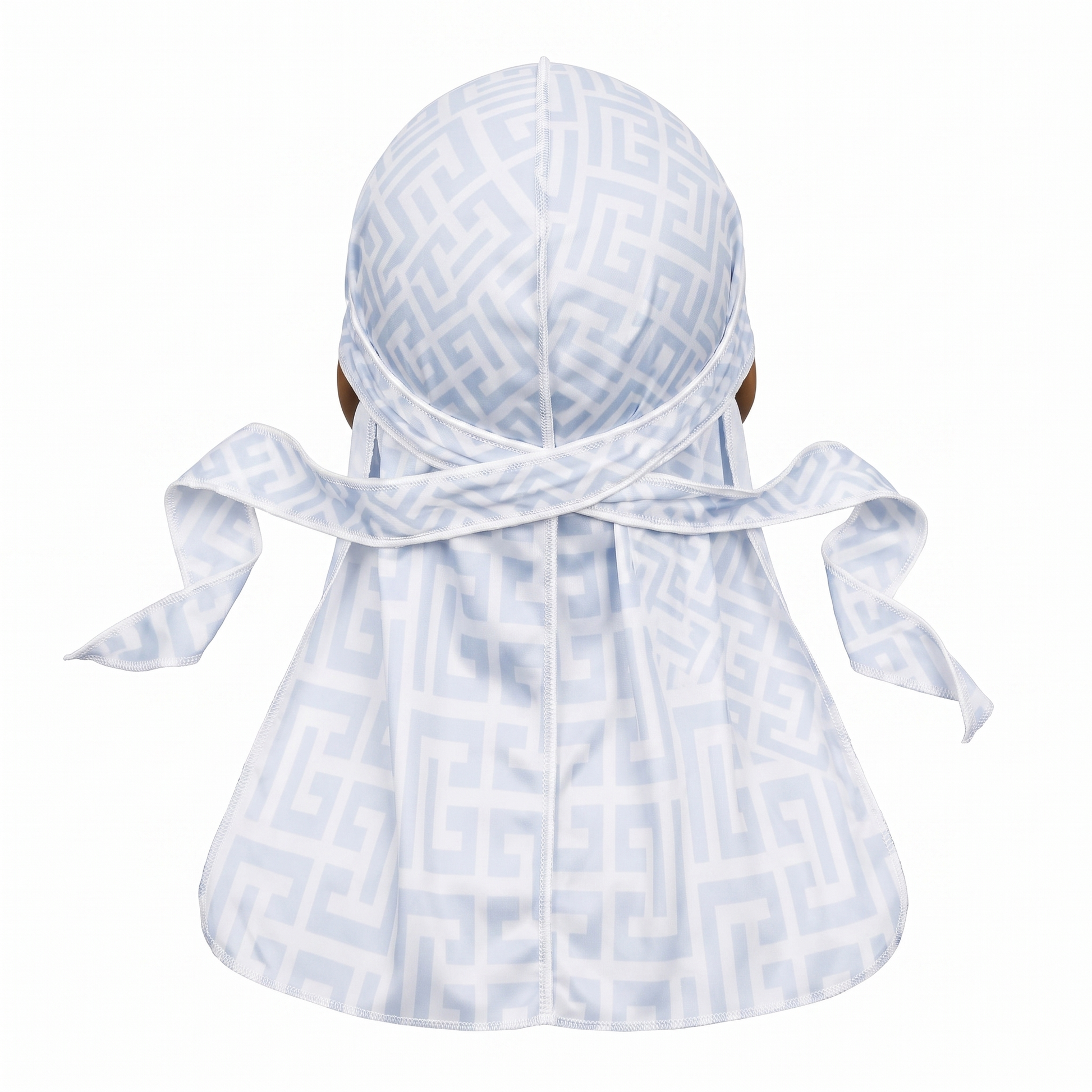 Light Blue Maze geometric Satin Silky Durag - premium silky durag back view showing wrap straps, tail and stitching