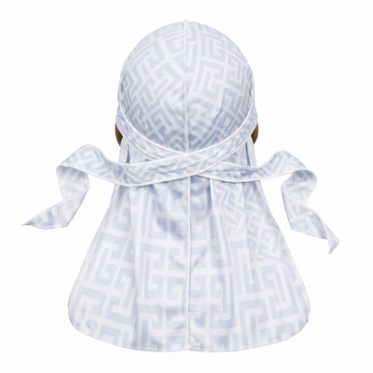 Light Blue Maze geometric Satin Silky Durag - premium silky durag back view showing wrap straps, tail and stitching