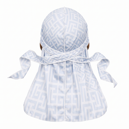 Light Blue Maze geometric Satin Silky Durag - premium silky durag back view showing wrap straps, tail and stitching