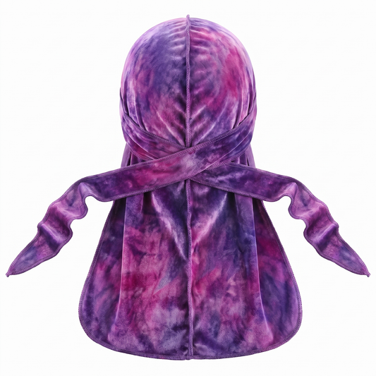 Supreme Tye-Dye Purple Velvet Durag - premium velvet durag back view showing wrap straps, tail and stitching