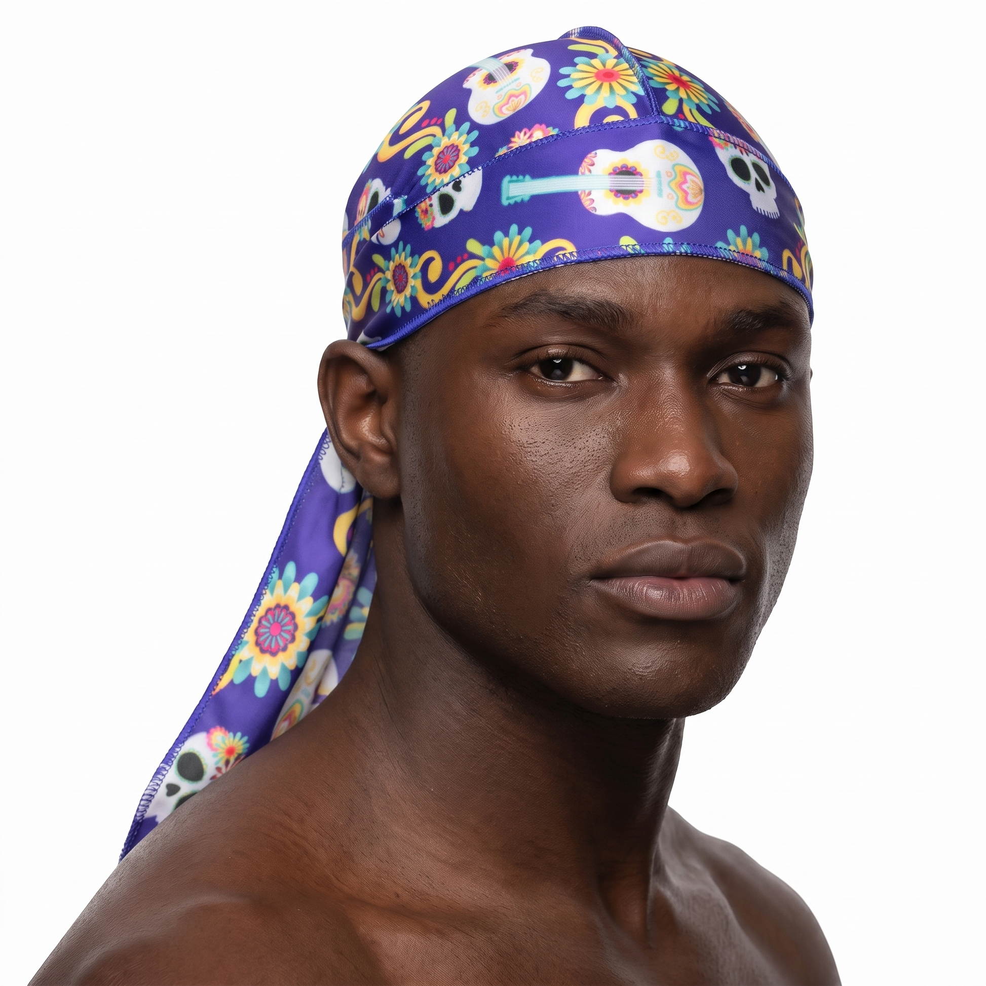 Cinco De Mayo Indigo festive Satin Silky Durag worn by male model, front view on white background